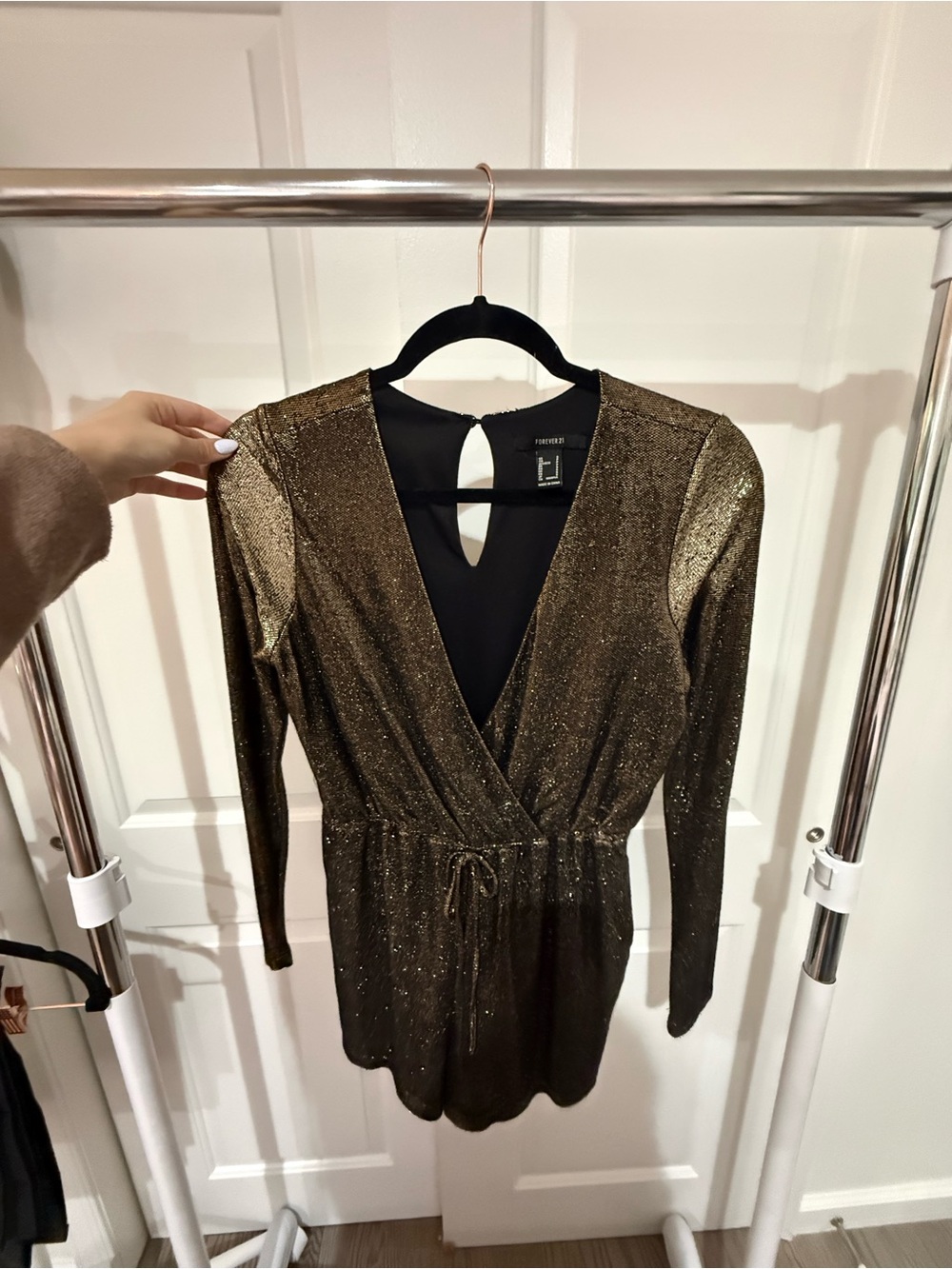 Forever 21 Metallic Gold Wrap-Front Long Sleeve Romper